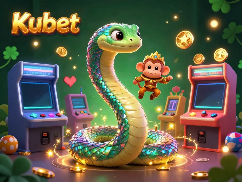 Experience thrilling games with Kubet in this vibrant illustration featuring a playful monkey king and rainbow serpent.