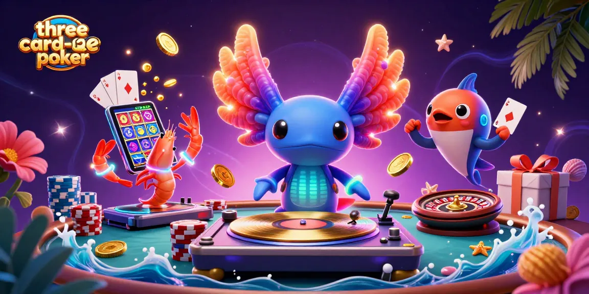 Experience three-card-poker excitement with vibrant characters and gaming elements in this dynamic illustration.