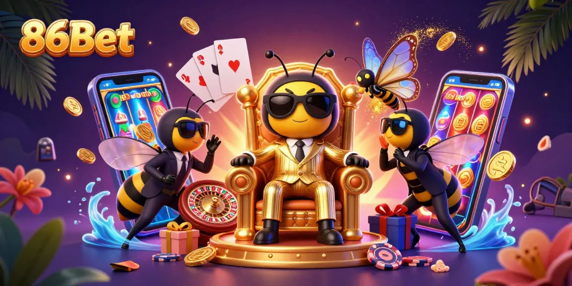 Win big with 86Bet in this vibrant illustration of a bumblebee mob boss in a casino setting.