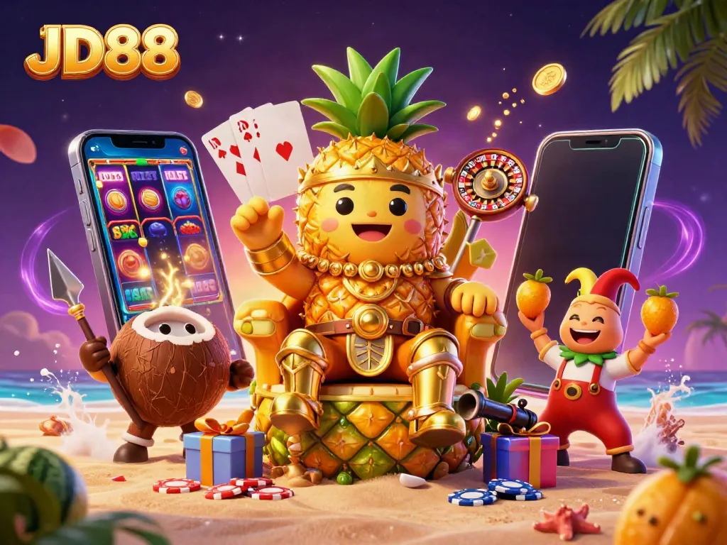 Join the fun at JD88 with a vibrant casino scene featuring distinctive characters and gaming elements.