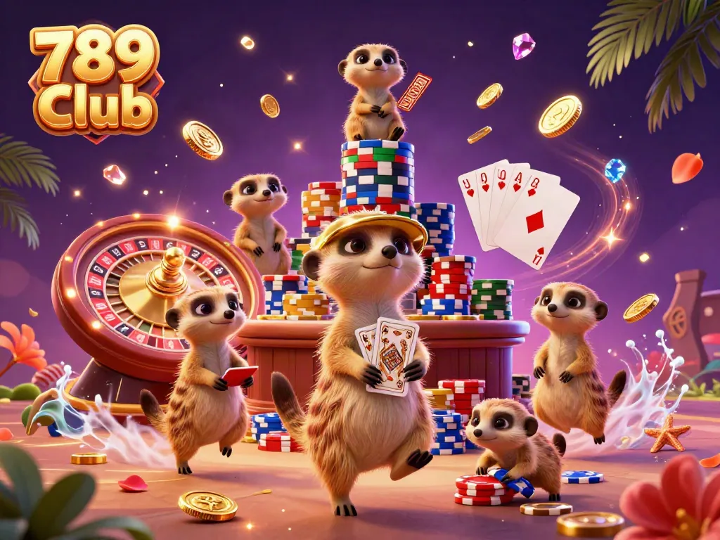 Experience thrilling gameplay at 789 Club with an animated meerkat casino scene, showcasing excitement and winning vibes!