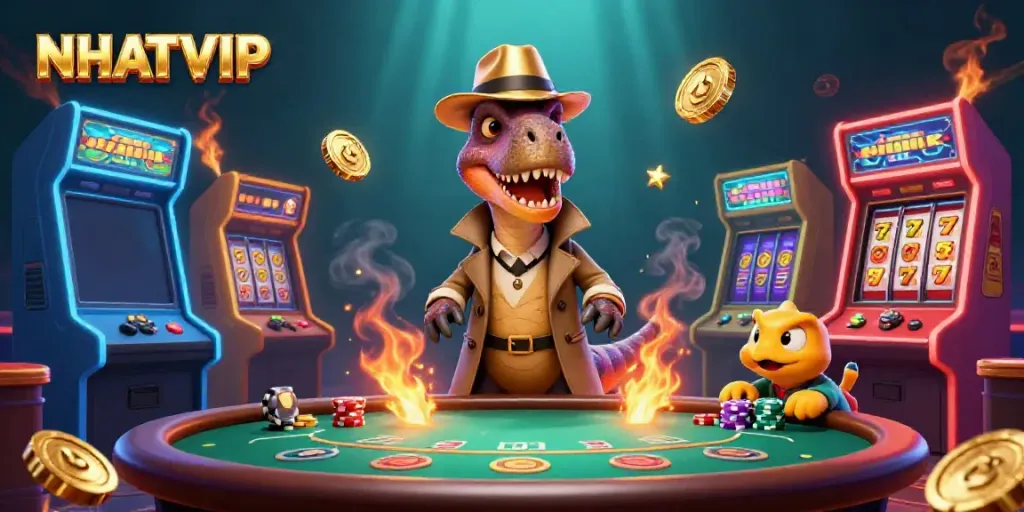Experience the thrill of NHATVIP with cartoon characters at an active blackjack table surrounded by vibrant arcade games.