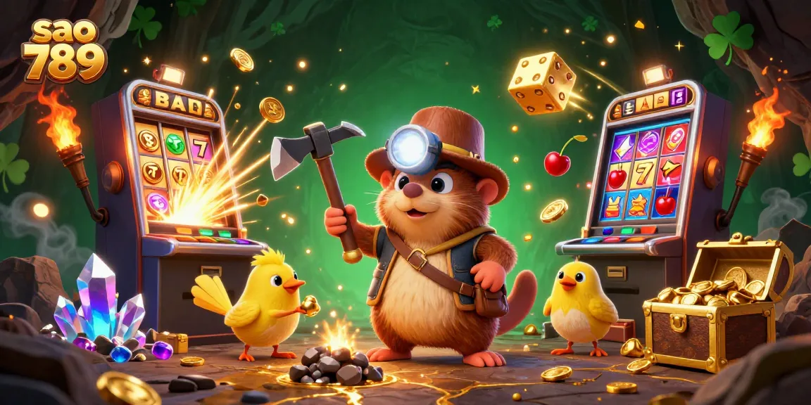 Sao 789 jackpot scene showing a hunting mole and treasures in a vibrant casino setting.