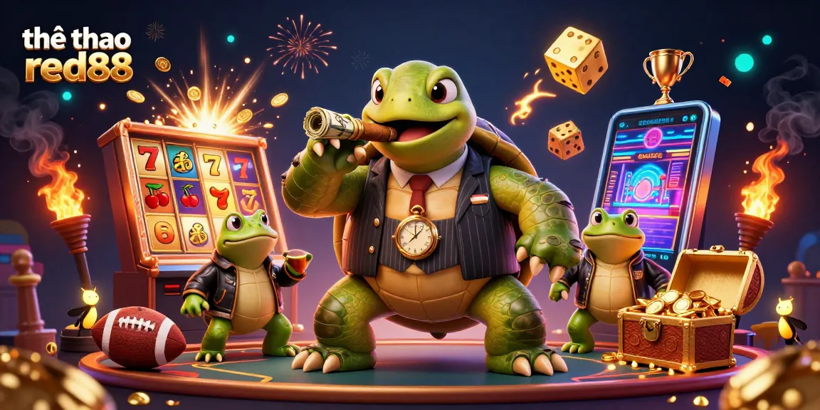 Engage with thể thao red88 as a massive snapping turtle and bullfrog enforcers celebrate sports betting winnings.