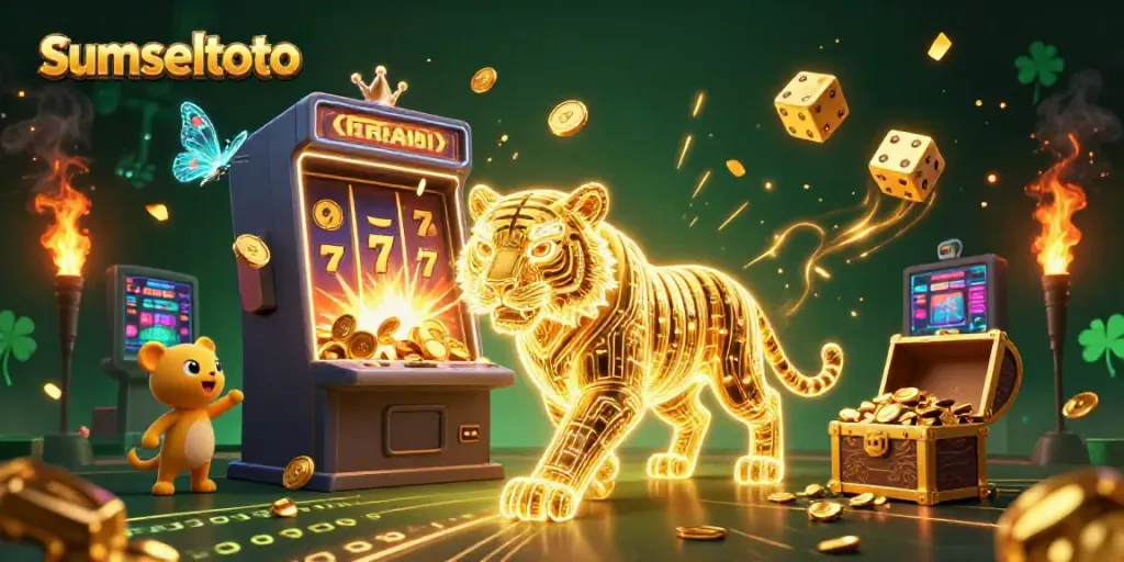 Experience thrilling wins at sumseltoto with a vibrant slot machine bursting coins in a digital casino.