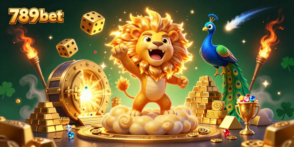 Bets on 789 bet showcased by a roaring lion and golden treasures in a vibrant casino scene.