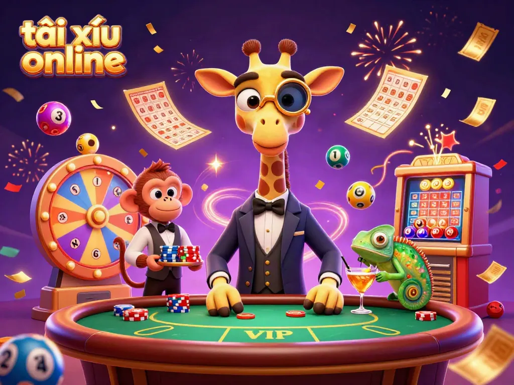Engage in thrilling tài xỉu online action with a high-roller giraffe, monkey valet, and vibrant casino elements.