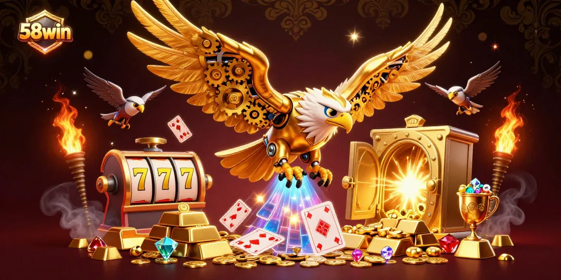 Bet on the vibrant 58win scene featuring a golden eagle in a dynamic casino setting.