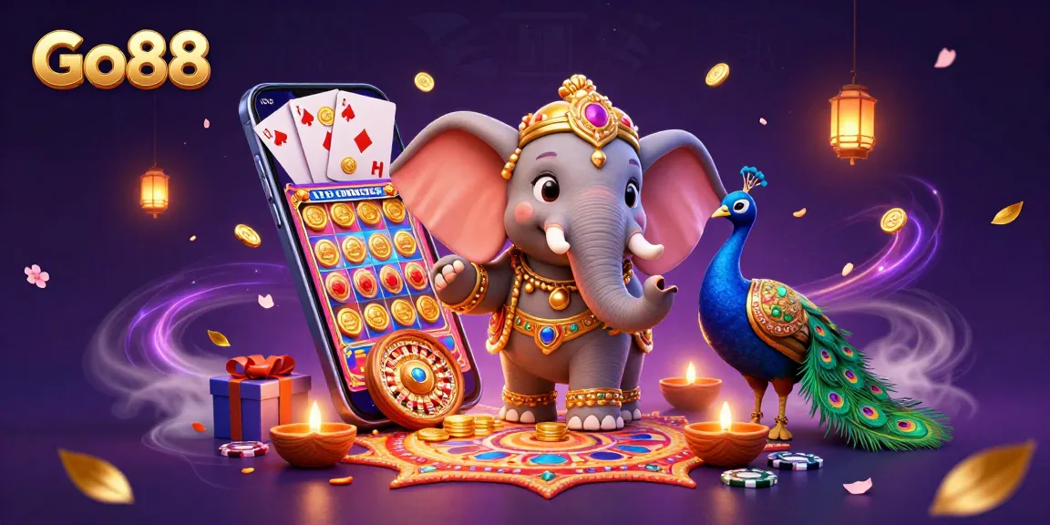 Experience exciting gameplay on Go88 with vibrant 3D illustrations of a casino scene featuring colorful slot games and golden coins.