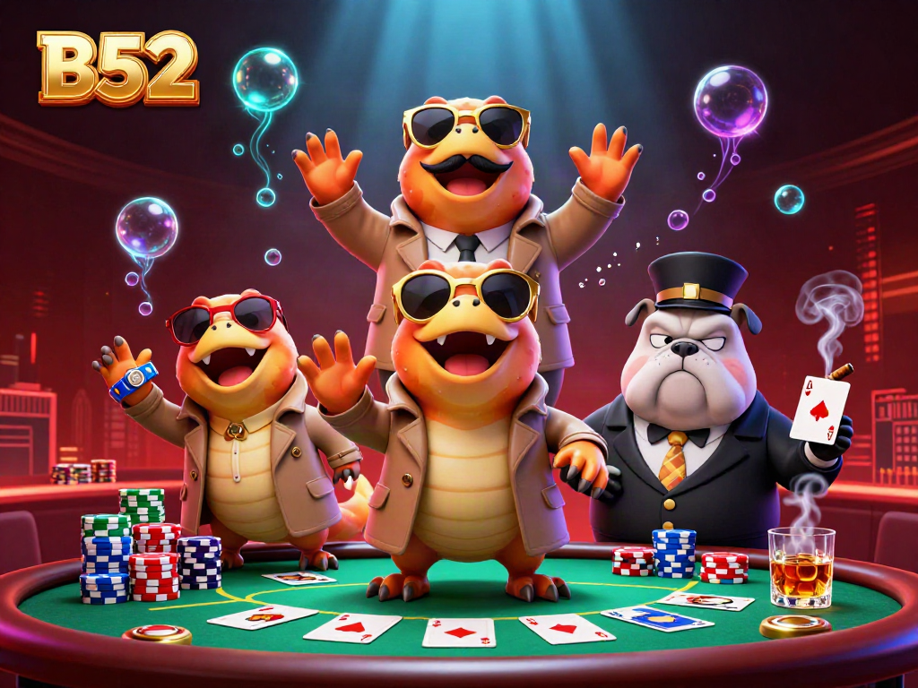 B52 raptors disguise in trench coat entering casino lounge surrounded by vibrant poker elements.
