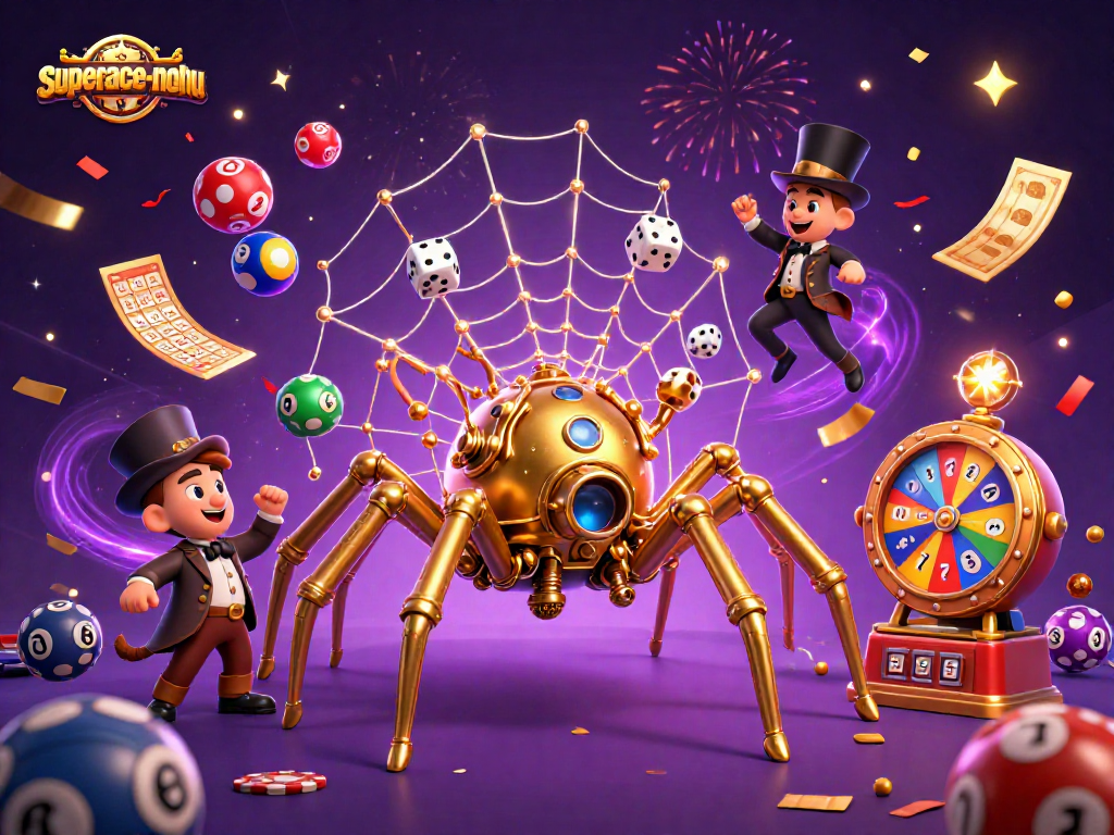 Engage with superace-nohu's dynamic gaming scene featuring a steampunk spider and lucky elements.