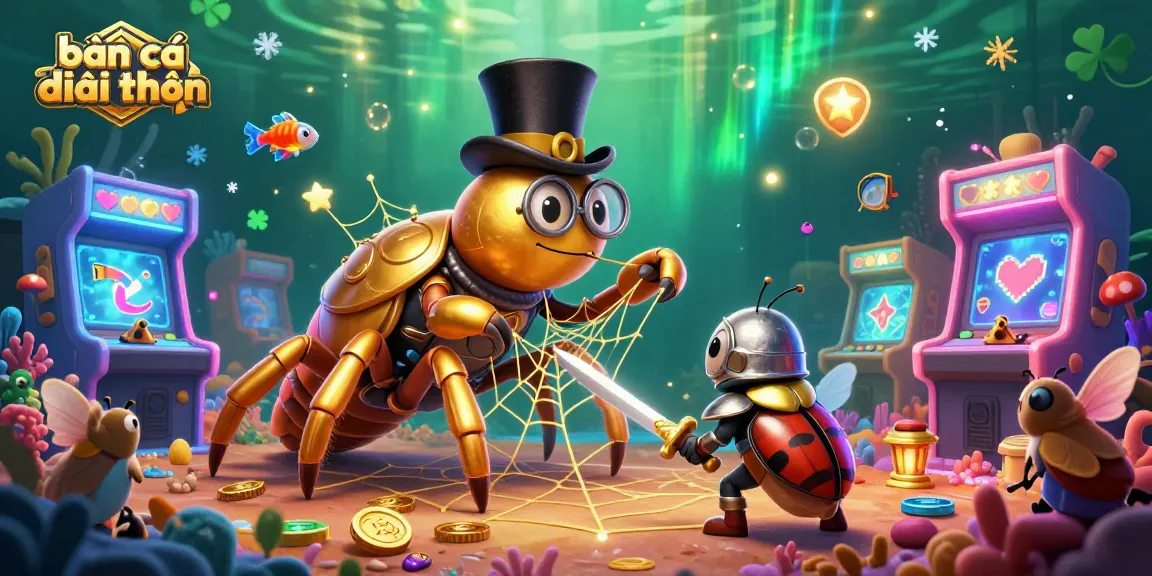 Engage in bắn cá đổi thưởng as a giant tarantula weaves its golden web amidst dynamic sea creatures in a vibrant underwater arcade.