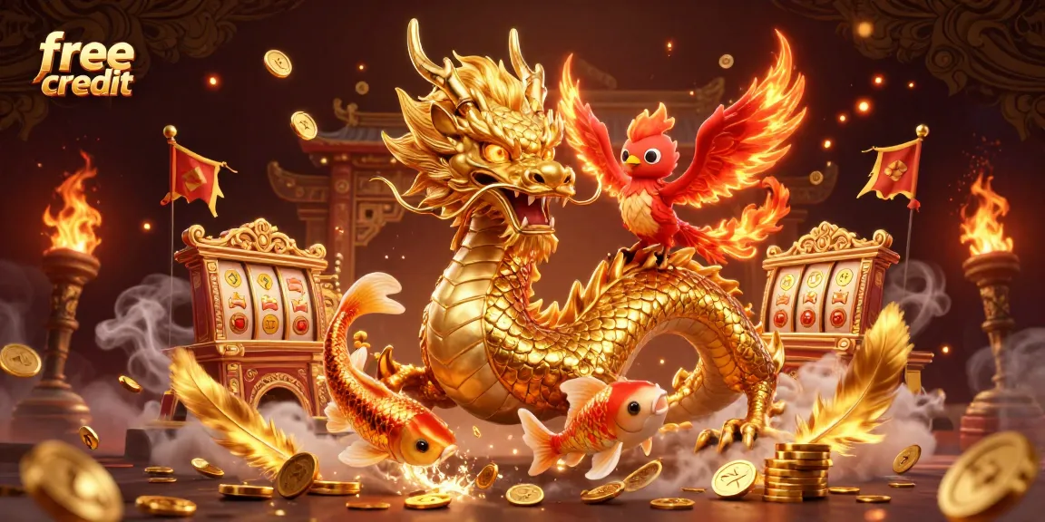 Engage with free credit bonuses in a lively online casino scene featuring a powerful dragon and vibrant characters.