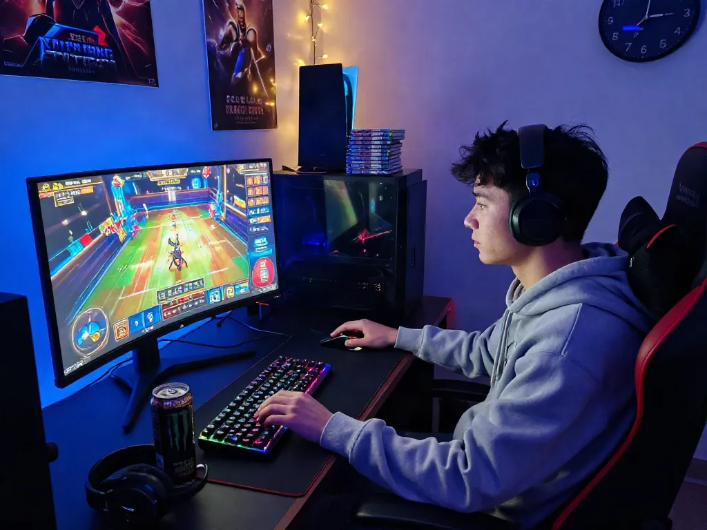 Không gian chơi game với f168 nổi bật, gamer tập trung vào màn hình lớn hiển thị đồ họa đầy màu sắc.
