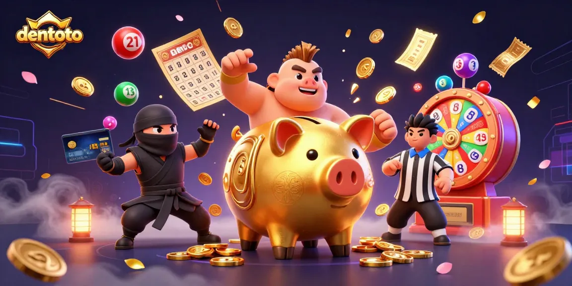 Engage with dentoto's thrilling gaming experience featuring vibrant lottery balls and animated casino characters.