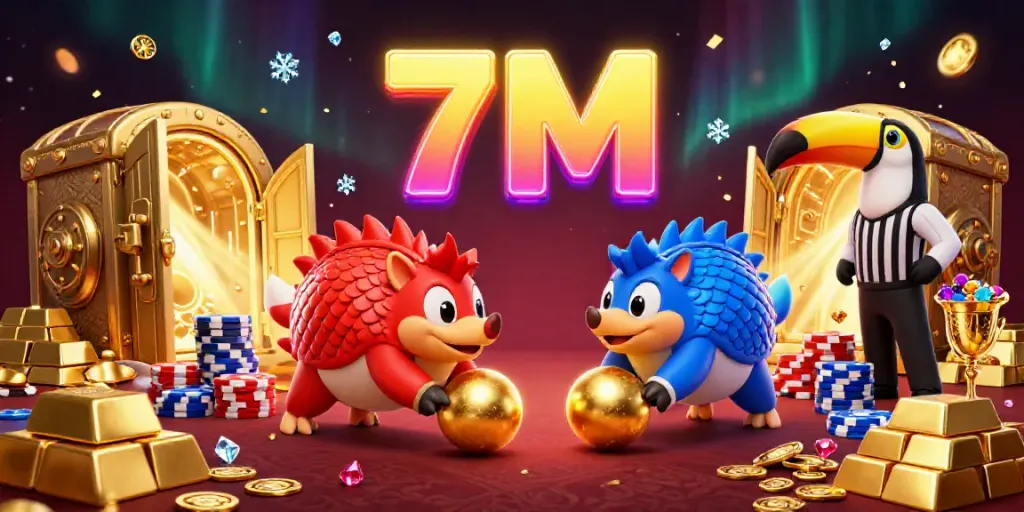 Experience the thrilling 7M gaming scene with rival pangolins, poker chips, and golden treasure.