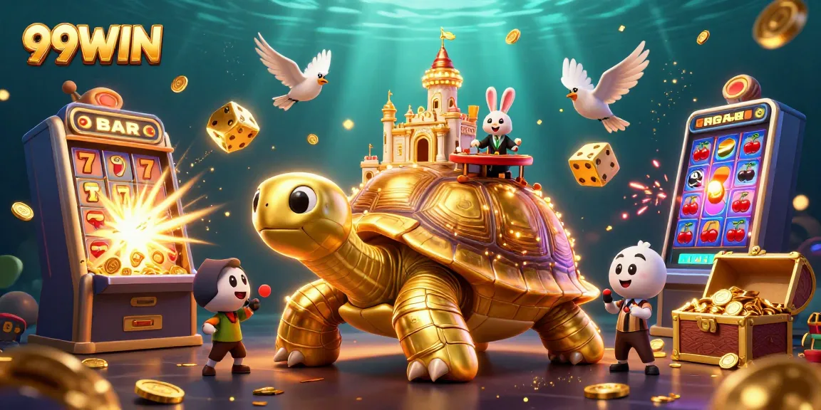 Win big at 99WIN with a thrilling scene of a golden tortoise casino and vibrant game elements.