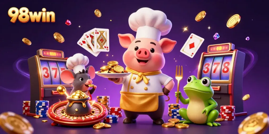 Experience the thrill of 98win with a vibrant 3D casino scene showcasing gold coins and exciting games.