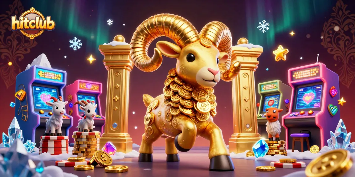 Hitclub gamers enjoy vibrant arcade games amid a cartoon golden ram and goats in action.