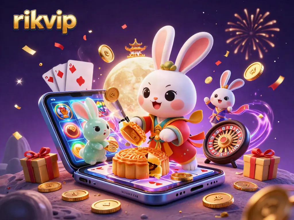 Engage with rikvip as a vibrant lunar-themed casino illustration showcasing gambling elements and fantasy.