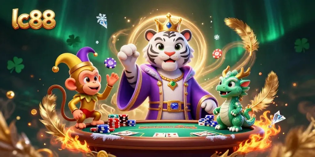 Spin the reels with lc88’s vibrant casino scene featuring a playful golden monkey and regal characters.
