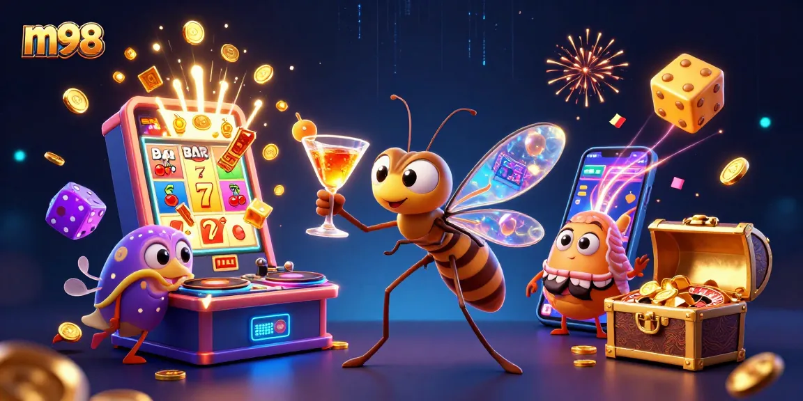 Experience the excitement of m98 gaming with a vibrant 3D casino illustration featuring our mascot and interactive elements.
