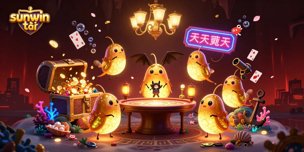 Experience the excitement of sunwin tải with a vibrant illustration of a cave casino filled with glowing treasures and lively characters.