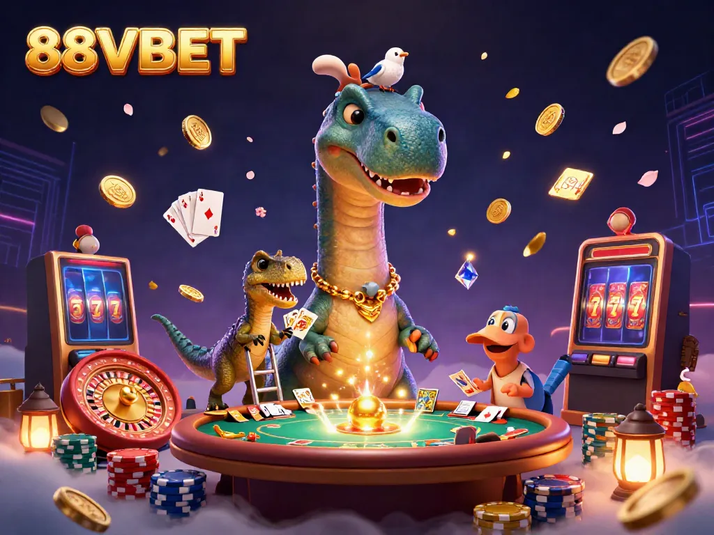 88VBET showcases vibrant gaming action with a brontosaurus and raptor dealer at a lively poker table.