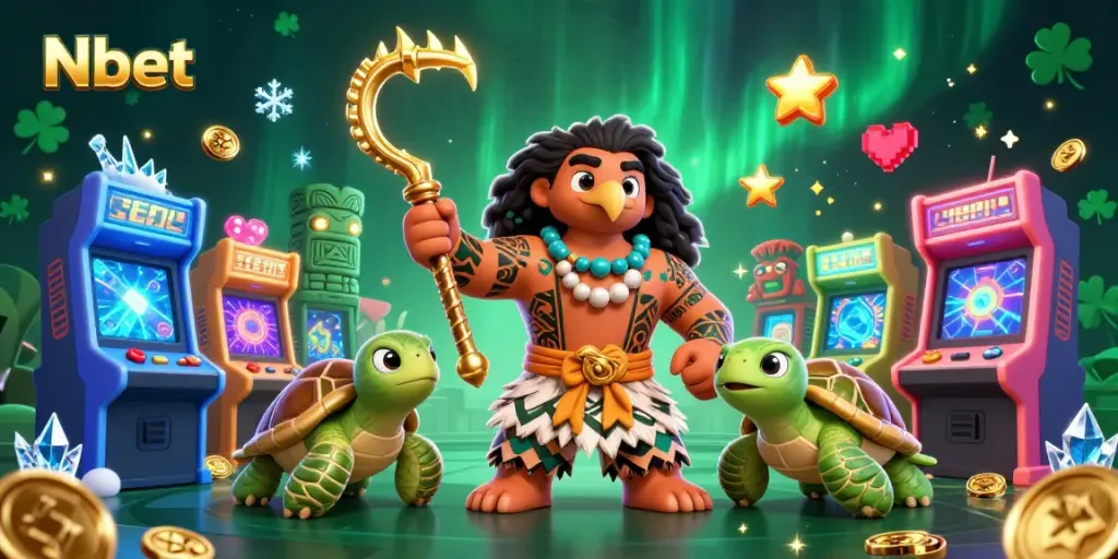 Nbet showcases vibrant casino energy with a demigod, turtle sidekick, and gaming elements.