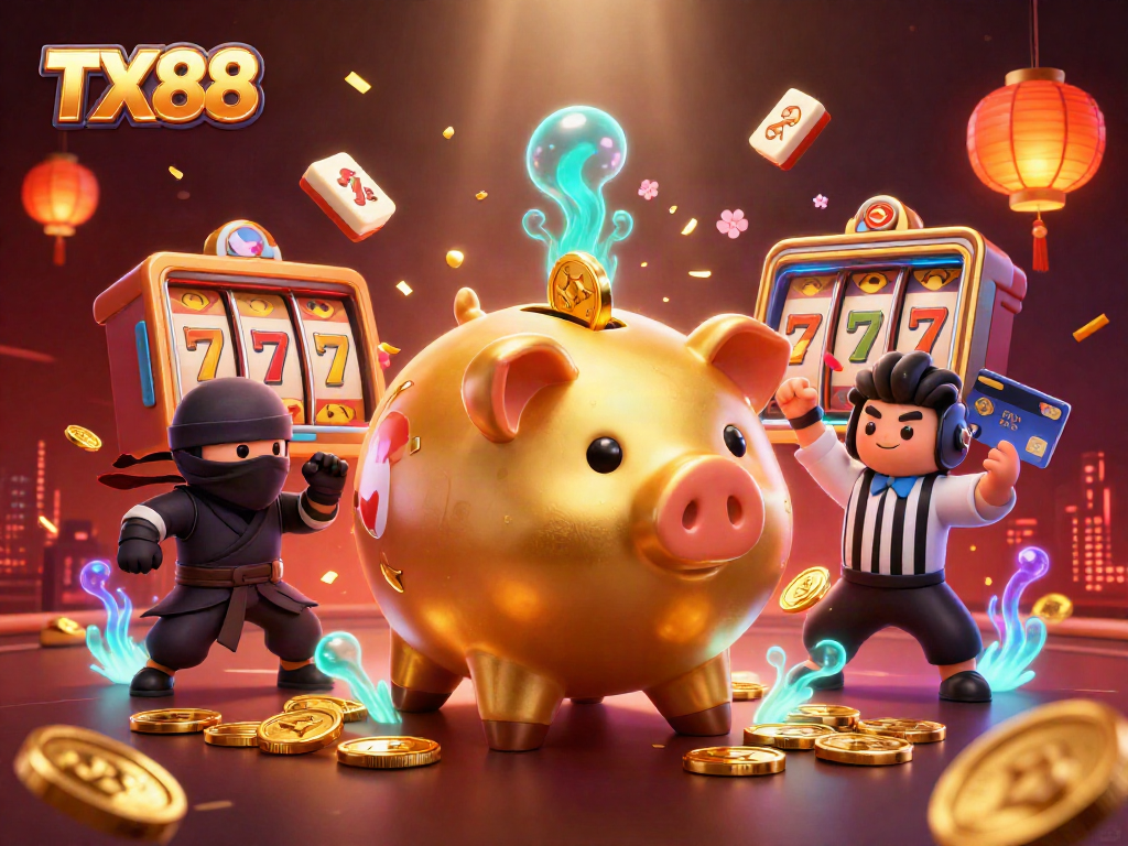 Engage with TX88 in a vibrant casino scene featuring a sumo wrestler, ninja, and samurai.