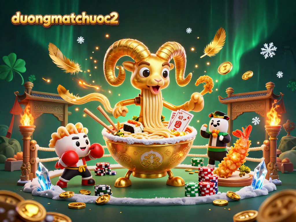 Get ready for a thrilling session in duongmatchuoc2, where a giant ramen bowl and friends engage in dynamic card games!