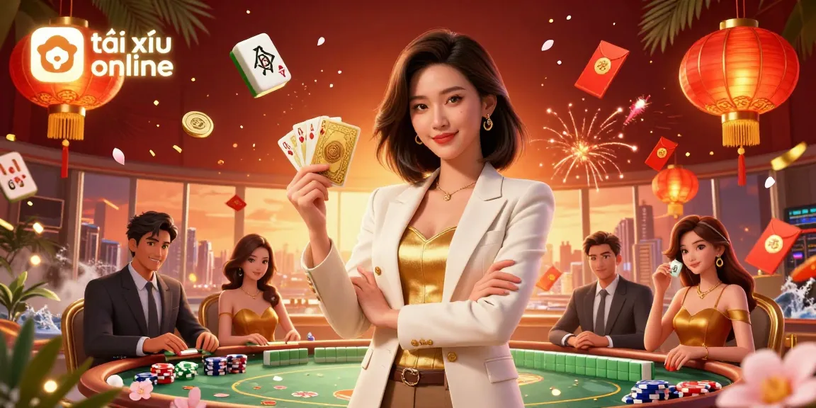 Experience the excitement of tài xỉu online with a powerful Asian woman holding golden cards.