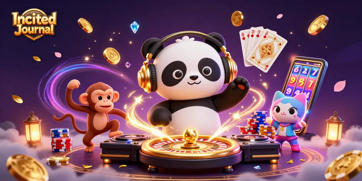 Experience the thrill at Incited Journal with a vibrant 3D casino scene featuring a DJ panda, dancing monkey, and glowing kitten.