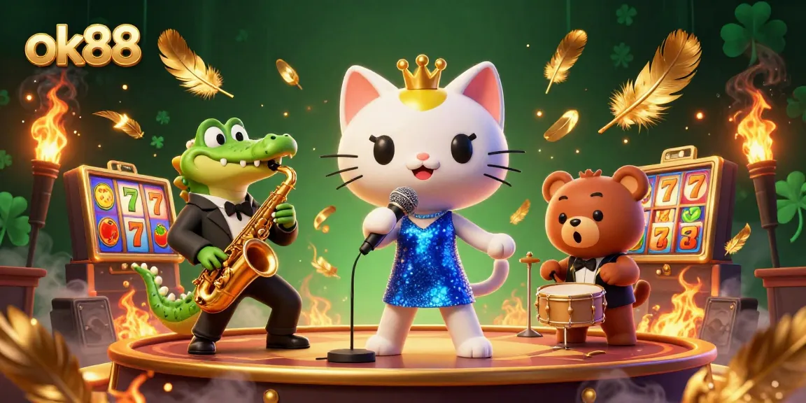 Experience the excitement of ok88 as a jazz-singer cat entertains on a casino stage amidst dynamic game elements.