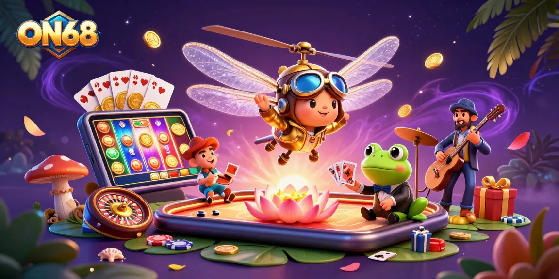 Engage with thrilling games at ON68 featuring dragons, croupiers, and vibrant gaming elements.