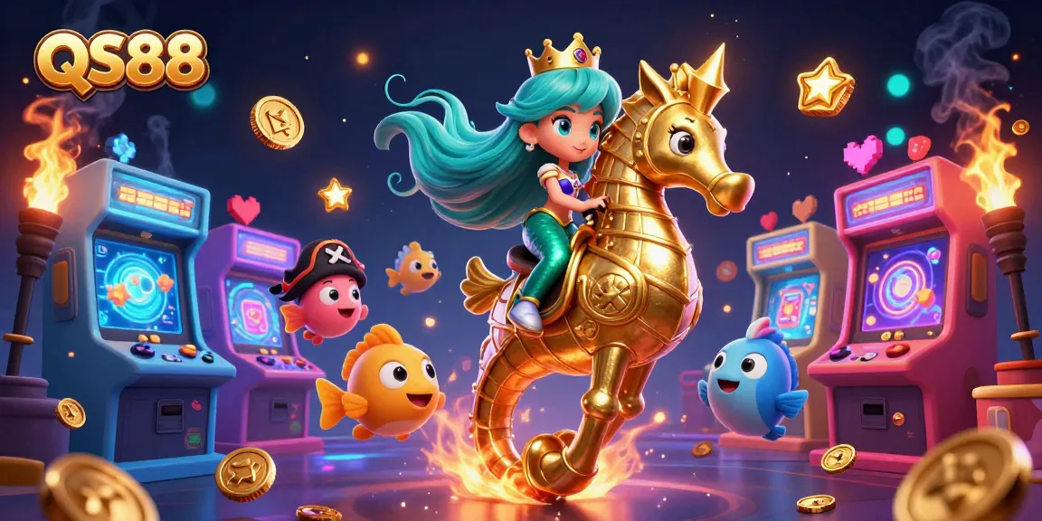 Experience excitement with QS88's vibrant 3D casino illustration featuring mermaid princesses and game machines.