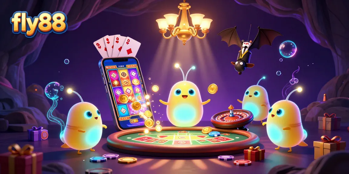 Experience the thrill of fly88 with glowing casino characters illuminating slot games and excitement.
