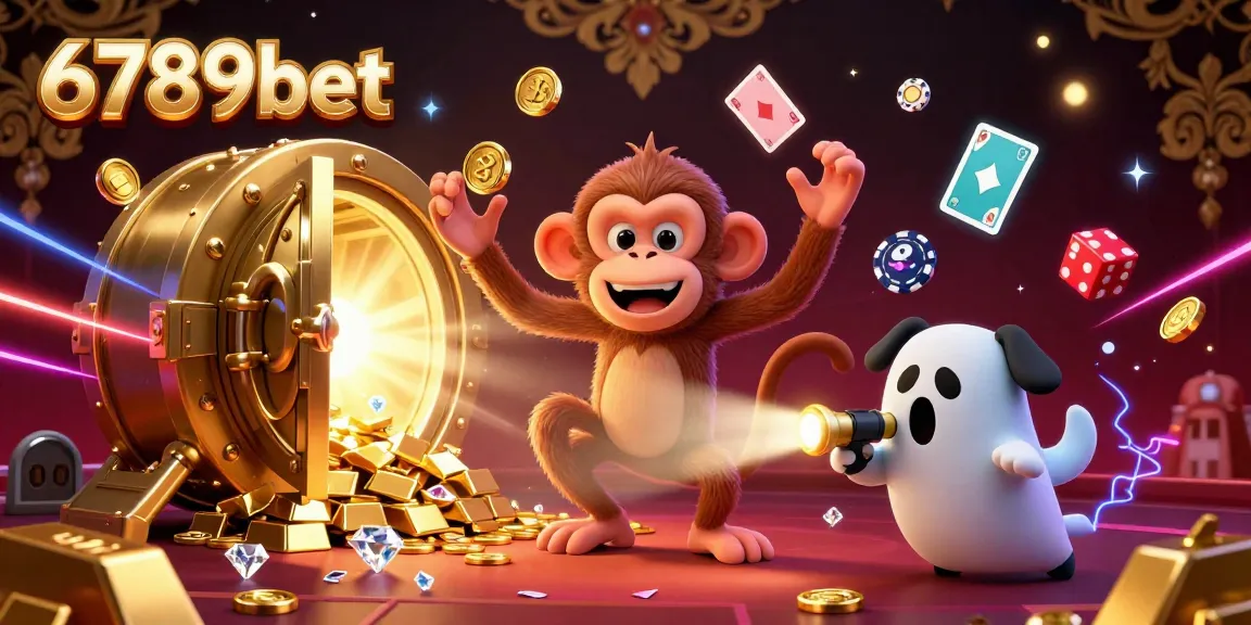 Engage with the thrilling energy of 6789bet in this vibrant casino scene featuring a playful monkey and ghost-hunter puppy.