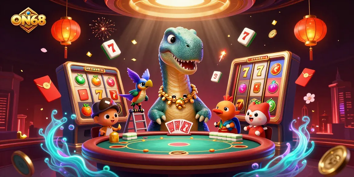 Engage with the exciting world of ON68 as a brontosaurus surveys a lively casino scene.