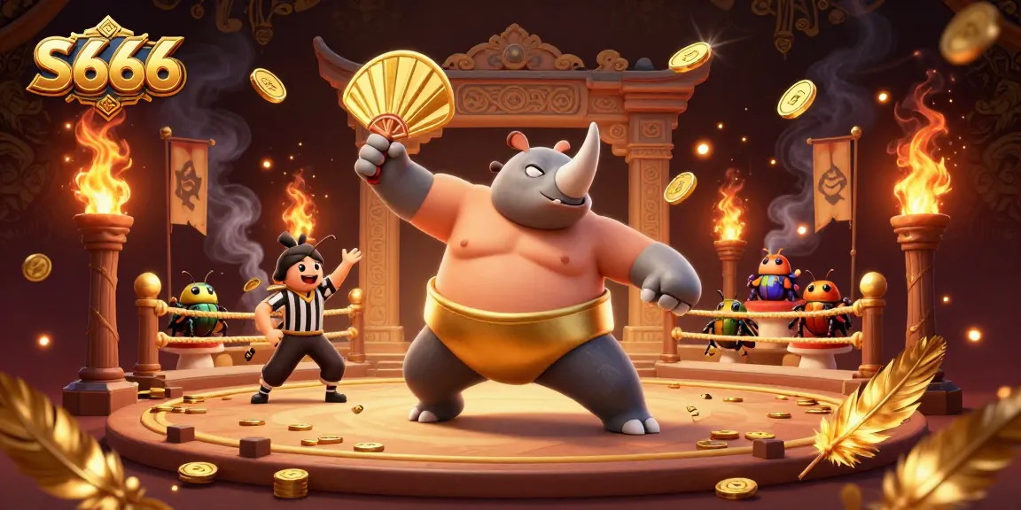 S666 offers an exciting gaming experience featuring a powerful beetle champion amidst flying coins and vibrant visuals.