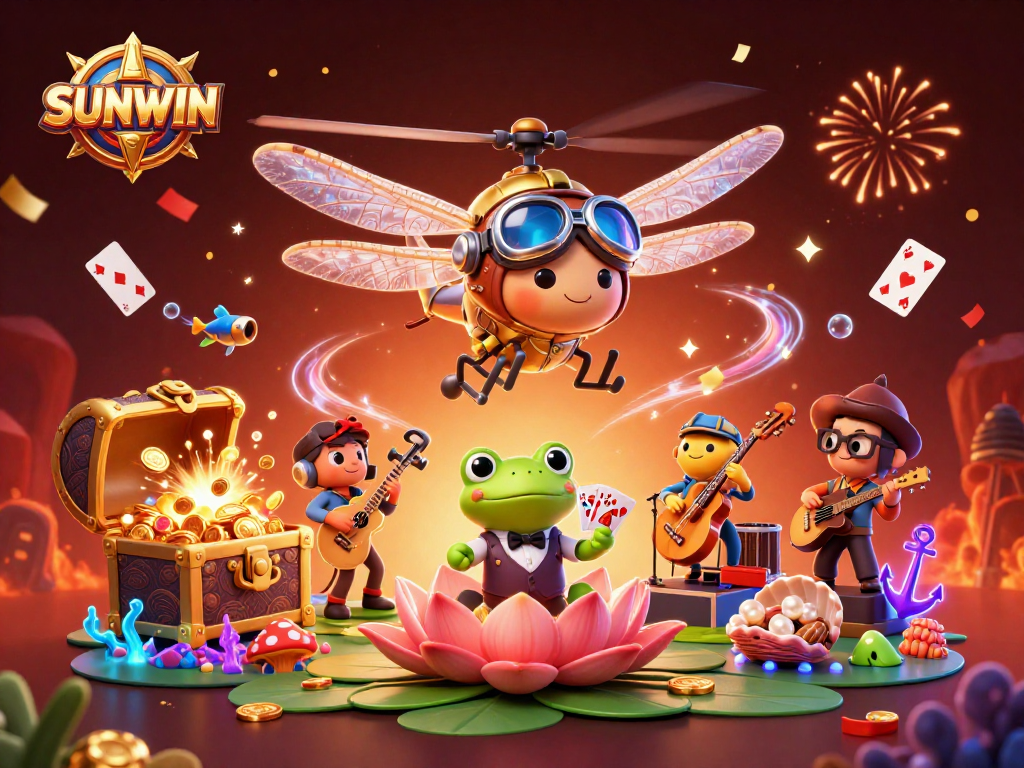 SUNWIN offers thrilling experiences with a dragonfly pilot, frog croupier, and jazz-playing crickets in a vibrant casino scene.
