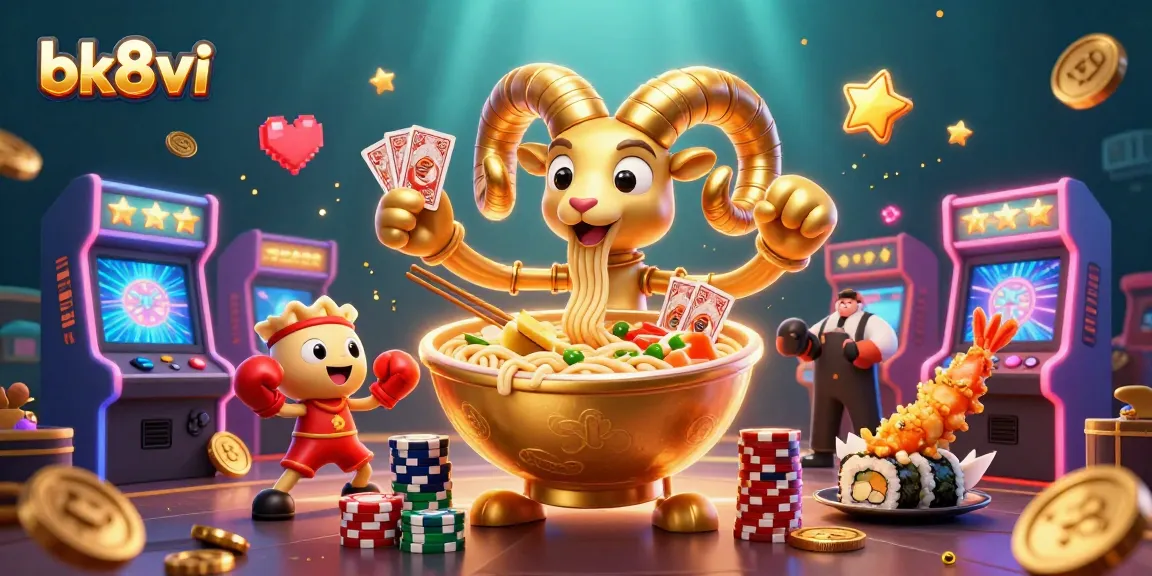 Engage with bk8vi at a vibrant casino scene featuring a golden ramen bowl and fun characters.