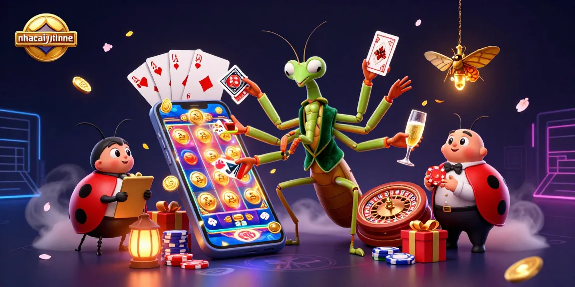 Experience thrilling gameplay with nhacaiuytinne as the giant mantis deals cards and pours champagne in a vibrant casino setting.
