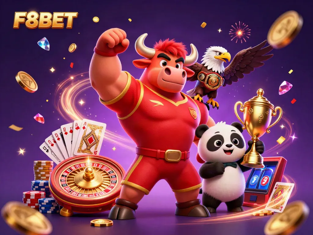 F8BET celebrates with a cartoon bull mascot, eagle, and panda amidst vibrant casino symbols.