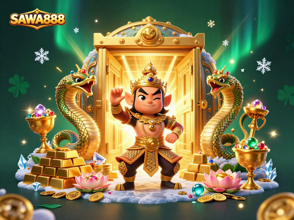 Experience the thrilling excitement of SAWA888 with its vibrant gaming world and treasures scattered around.