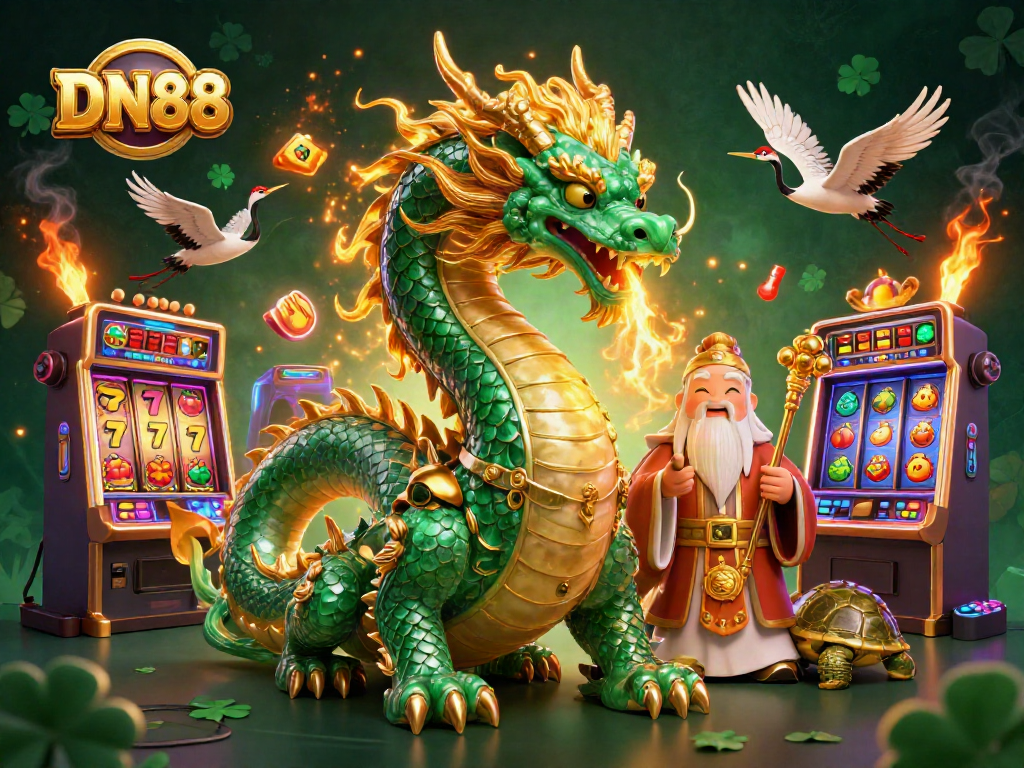 Experience the thrill of DN88 with a vibrant casino scene featuring a jade dragon and lucky symbols.