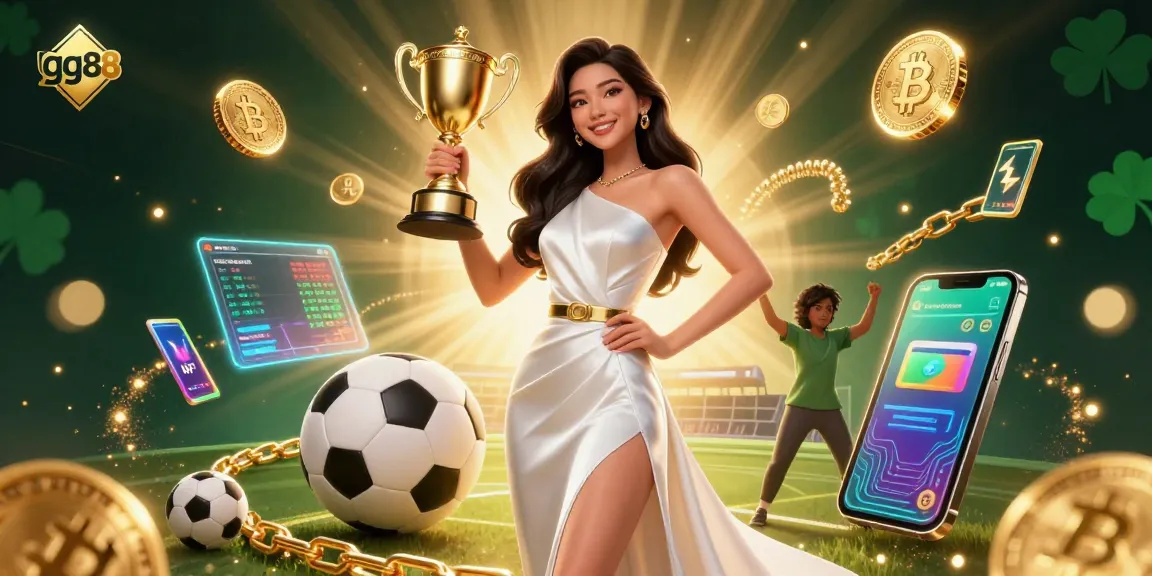 Bet on gg88's winning strategies with a triumphant Asian woman holding a trophy in a lively casino scene.