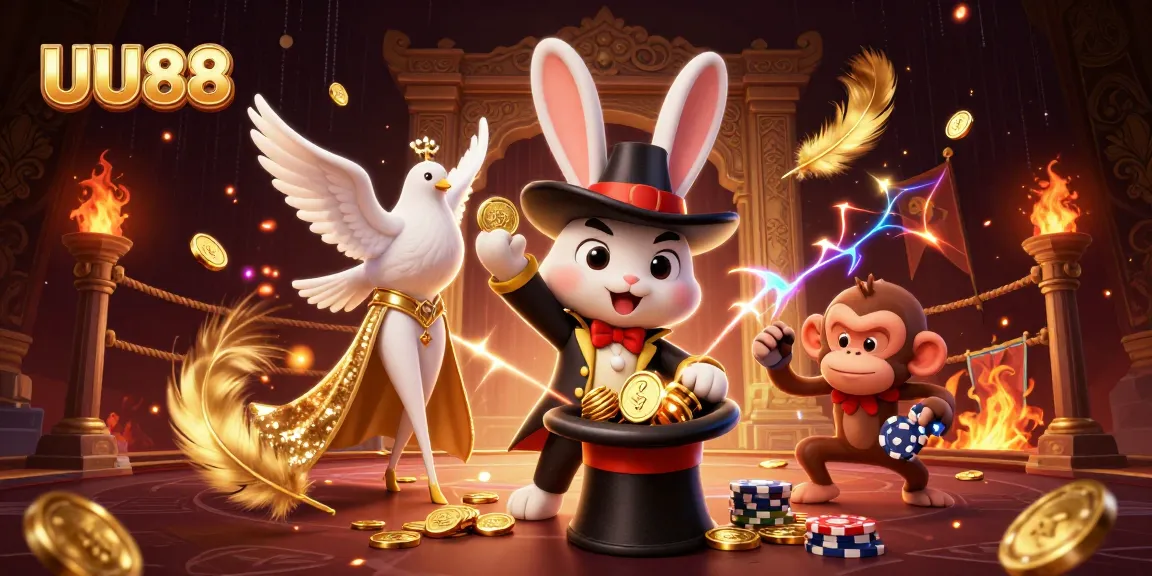 Spin and win at UU88 with vibrant 3D casino characters attracting golden rewards in a magical setting.