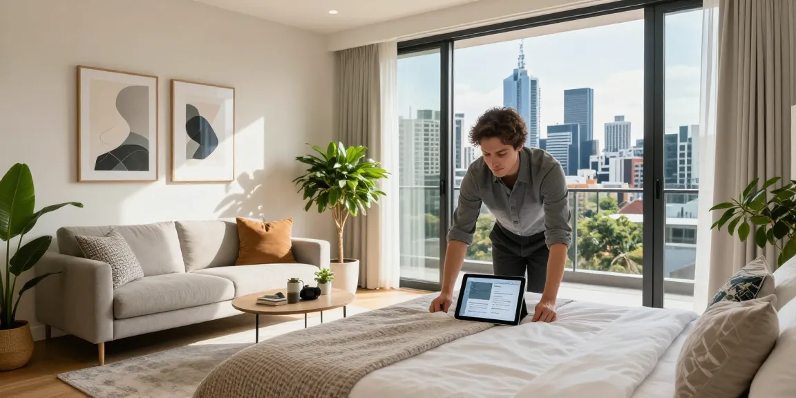 Short-stay property management Melbourne: Stylish living area in a modern apartment featuring a welcoming host preparing for guests.
