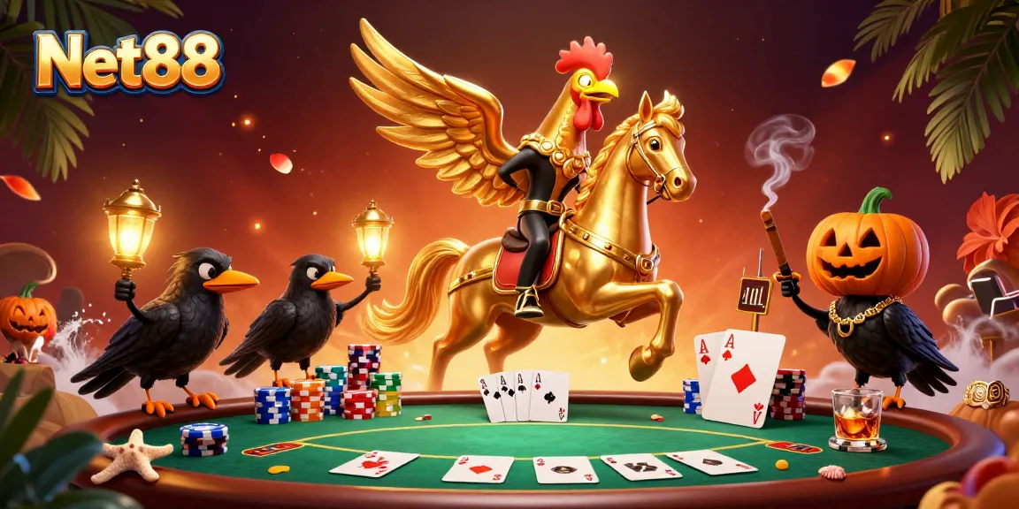Experience the excitement of Net88 while playing cards with festive casino characters.
